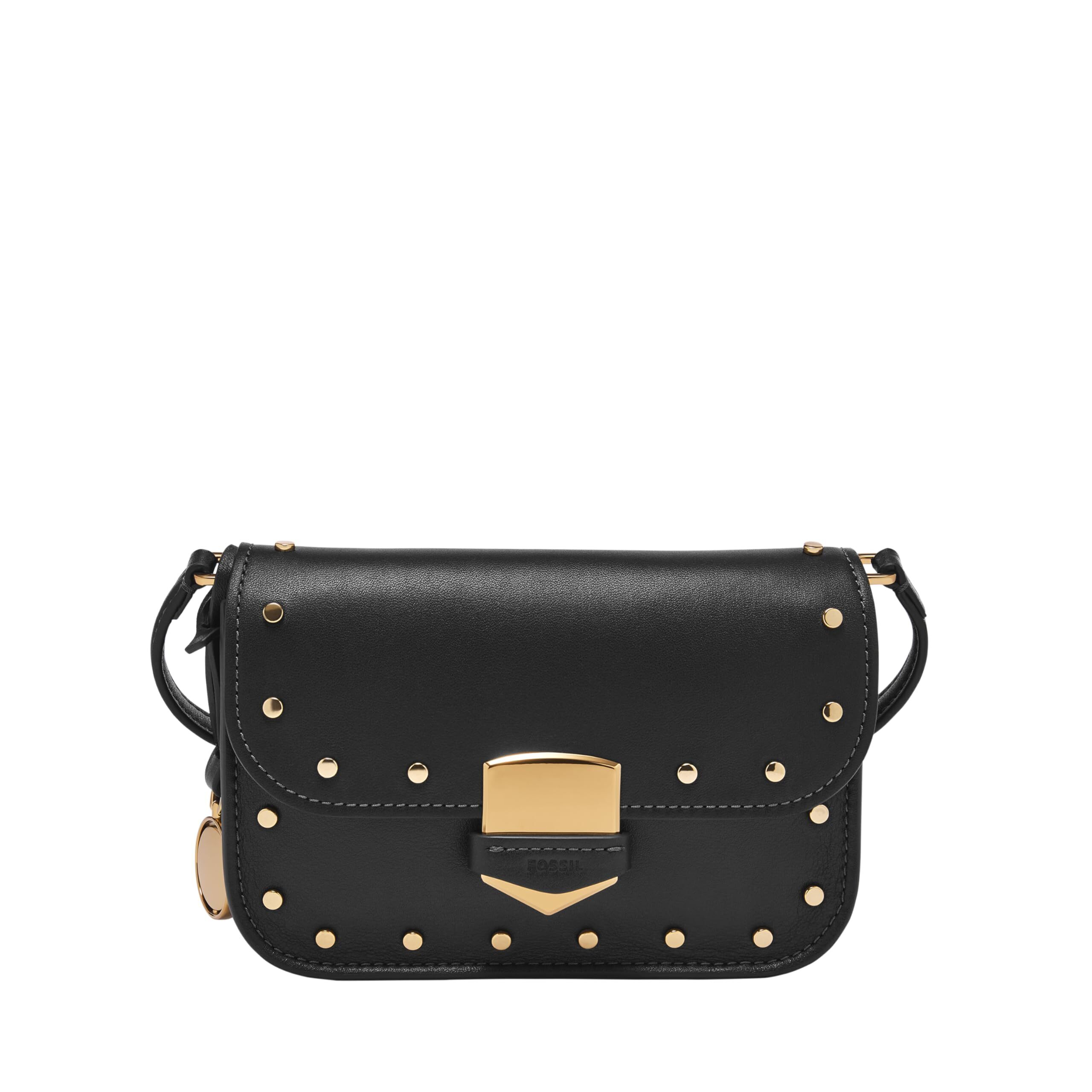 4224 Lennox Leather Large Flap Crossbody Purse Handbag, Black W/Studs
